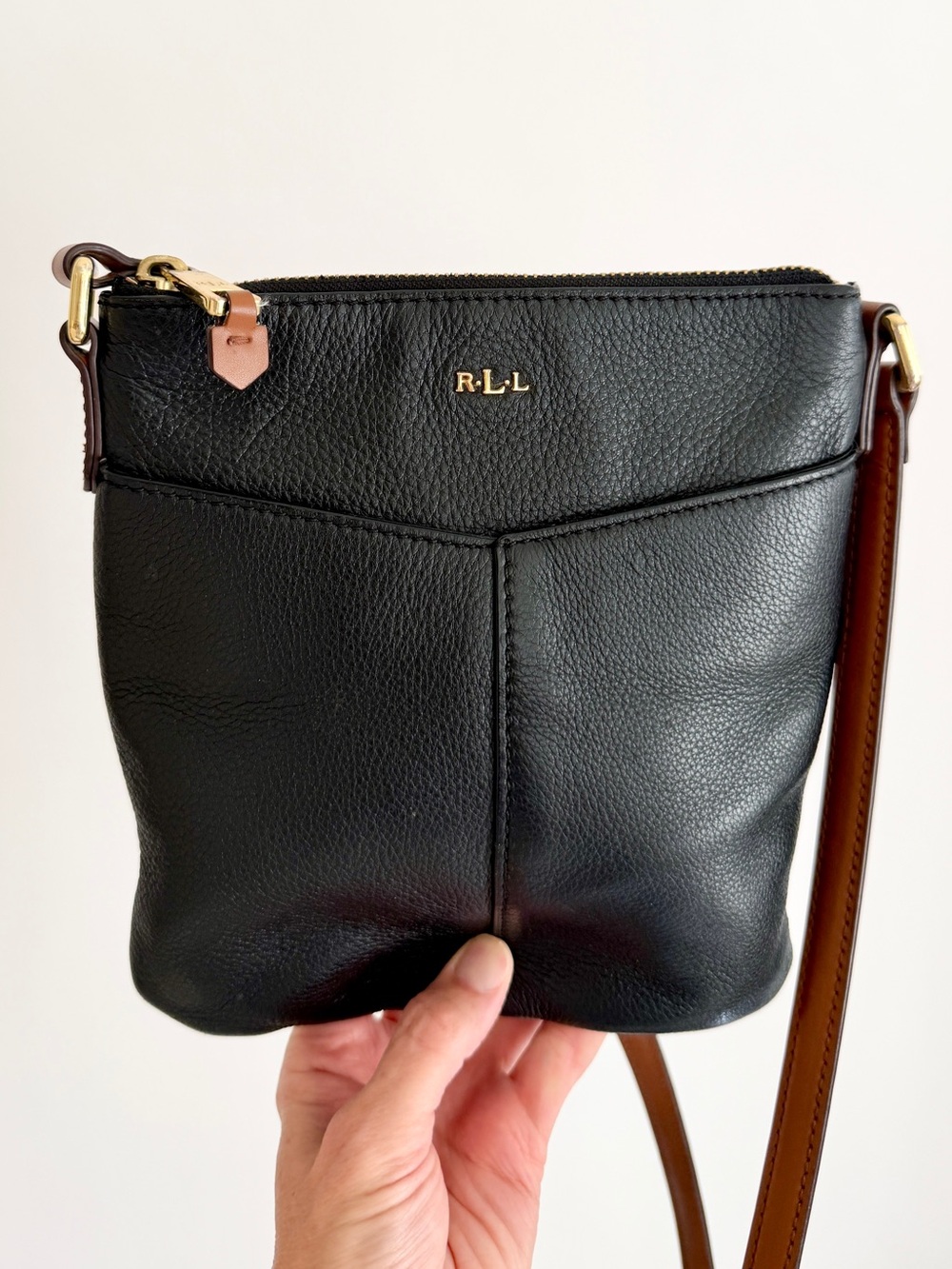 Lauren Ralph Lauren Black Leather Crossbody Bag with Brown Strap